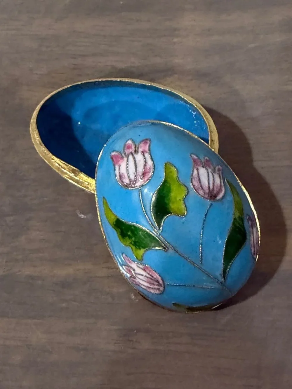 Vintage Floral Cloisonne Egg Shaped Trinket Box